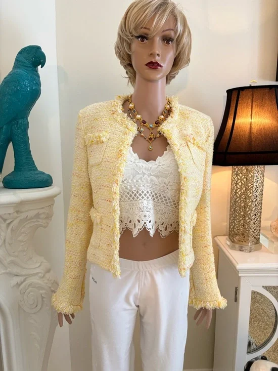 Maxime Pastel Yellow Tweed Skirt Set with Orange Accents - Picture 3 of 14